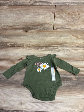 Green Okie Dokie baby bodysuit with ruffle shoulders, daisies graphic, and Oopsie Daisy text, 12 months