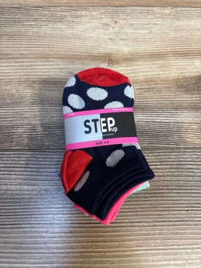 Kids polka dot socks pack size 4-6, navy blue with red accents, on wood surface