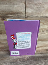 Back cover of a purple Dr. Seuss children's book with the Cat in the Hat illustration and a story description
