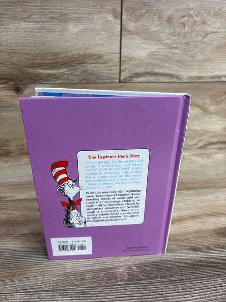 Back cover of a purple Dr. Seuss children's book with the Cat in the Hat illustration and a story description
