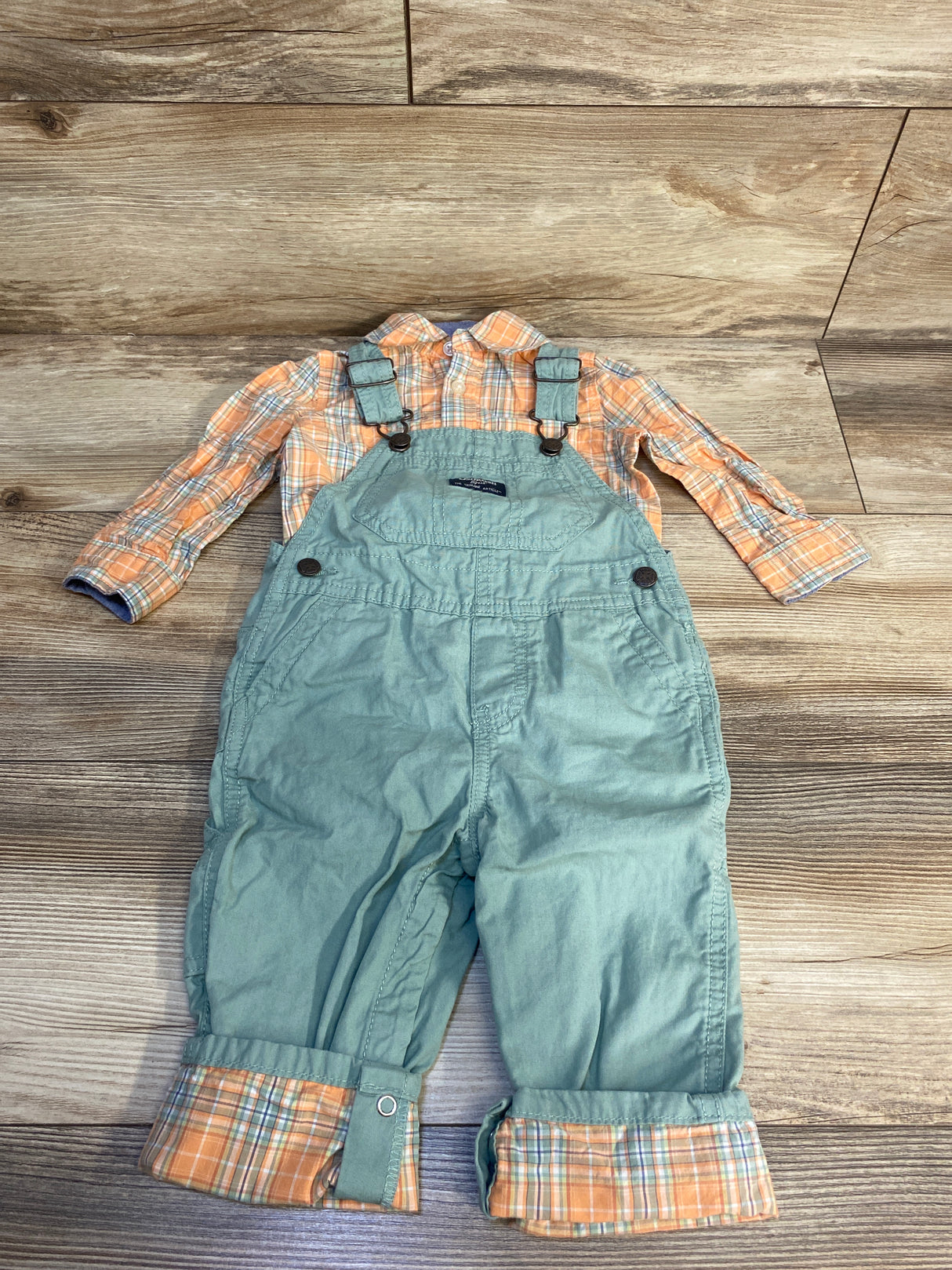 OshKosh 2pc Plaid Shirt & Overalls Set Orange sz 18m