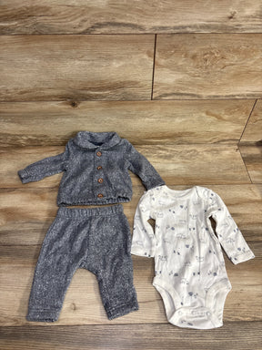 Baby boy outfit with gray knit sweater, matching pants, and white bear print bodysuit