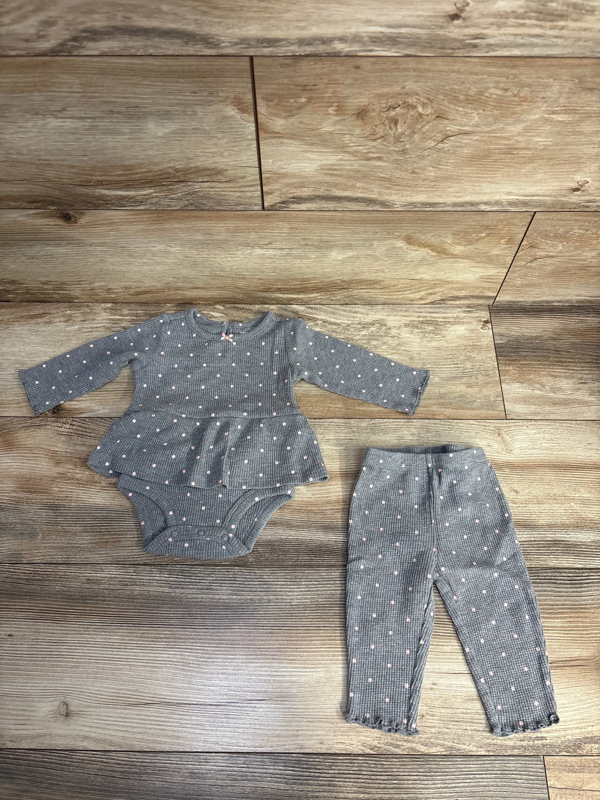 Carter's 2pc Polka Dot Waffle Knit Bodysuit Dress Set Grey sz 6m