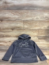 Gray Under Armour kids hoodie with white logo, laid on wooden floor