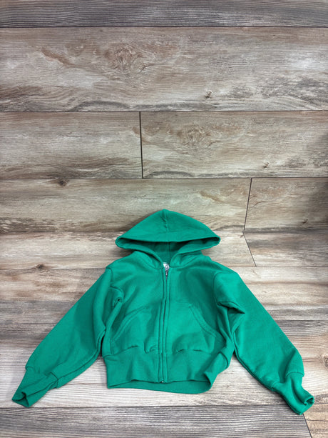 Green Port & Company solid zip-up hoodie for kids size 2/4T on a wooden background