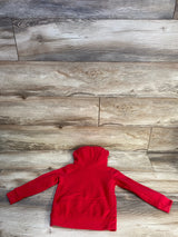 Red children's hoodie laid flat on wood background, back view, gently used kids clothing