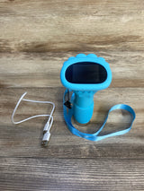Top view of Acoath Kids Microscope in blue showcasing handheld scope with screen lanyard strap and USB cable on wood plank background