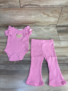 Pink baby girl outfit with ruffled sleeve bodysuit featuring teddy bear applique and matching flared pants
