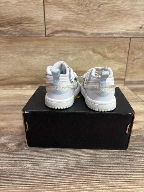 Rear view of Air Jordan 4 Retro TD Hyper Violet sneakers with heel tabs and Jordan logos on a black shoebox