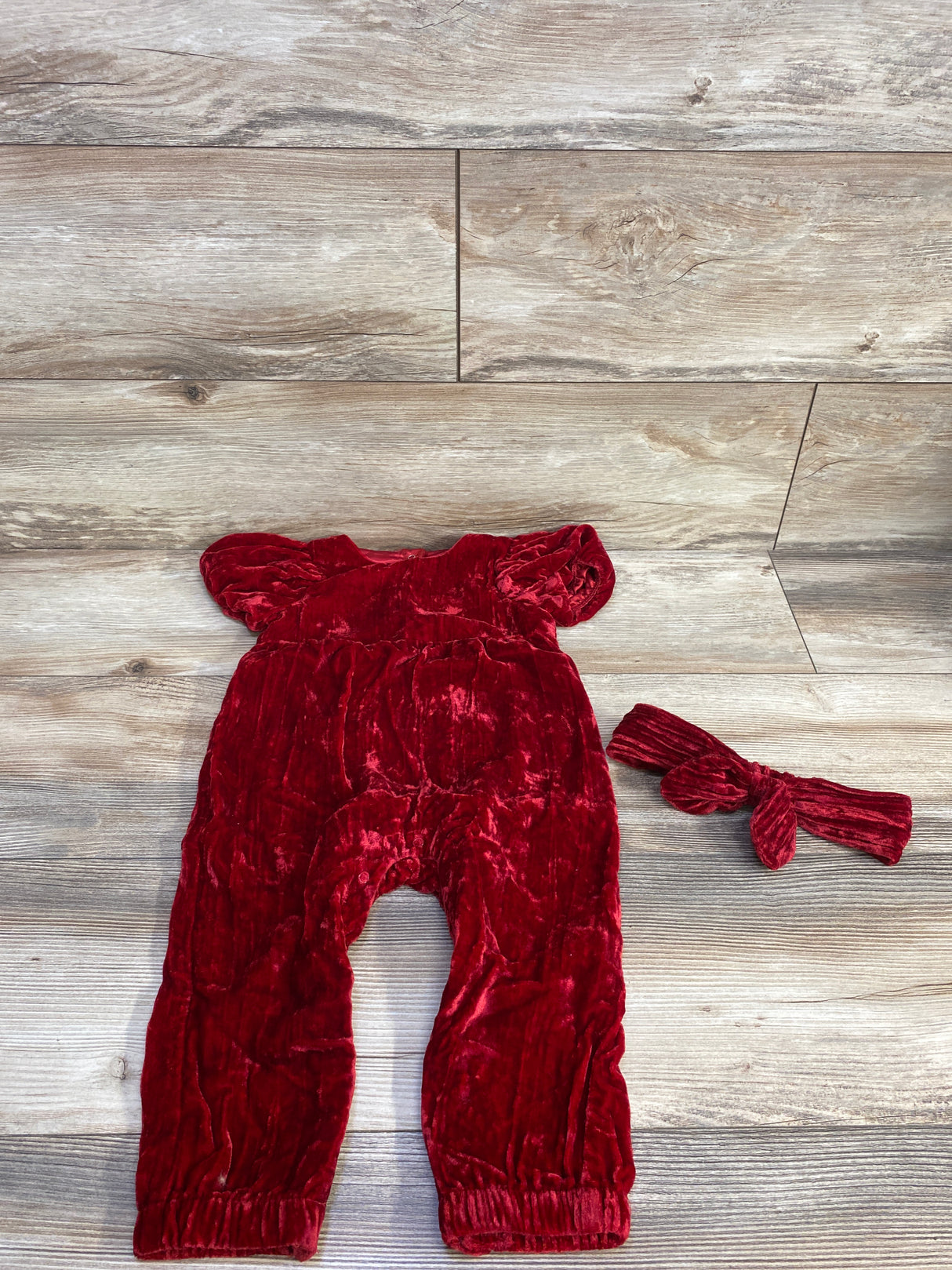 Cat & Jack Crushed Velvet Coverall & Headwrap Red sz 18m