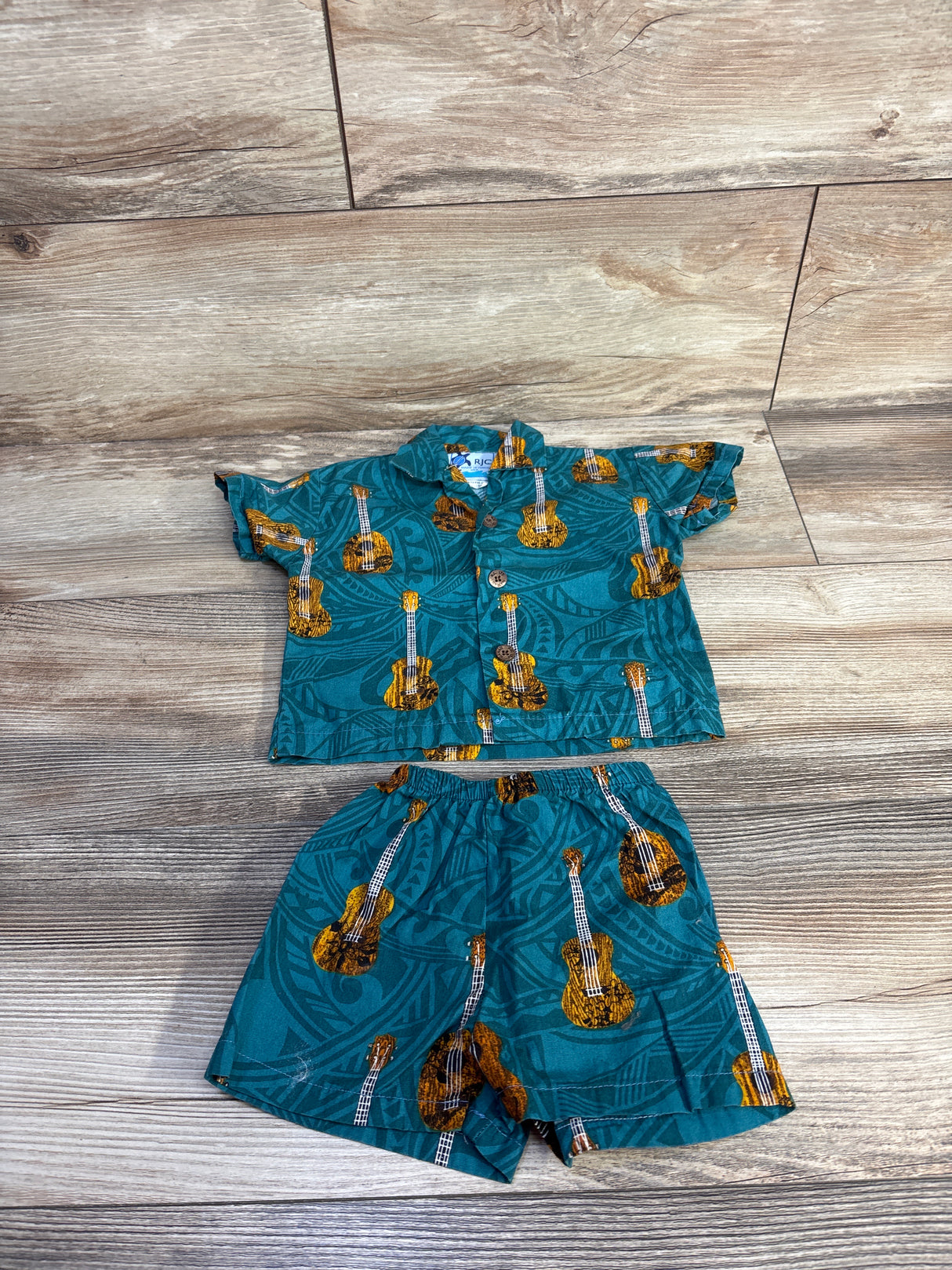 RJC 2pc Guitar Button Up Shirt & Shorts Blue sz 6m