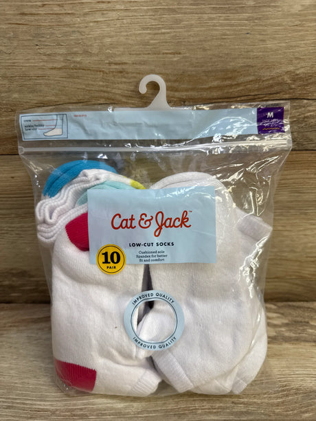 Front view of 10-pack Cat and Jack low-cut toddler socks size M showing white socks with colored heel accents in clear packaging on wood