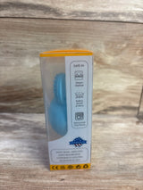 Side view of boxed blue bunny egg teething toy showcasing textured chew ring and sterilization icons on packaging with wooden background