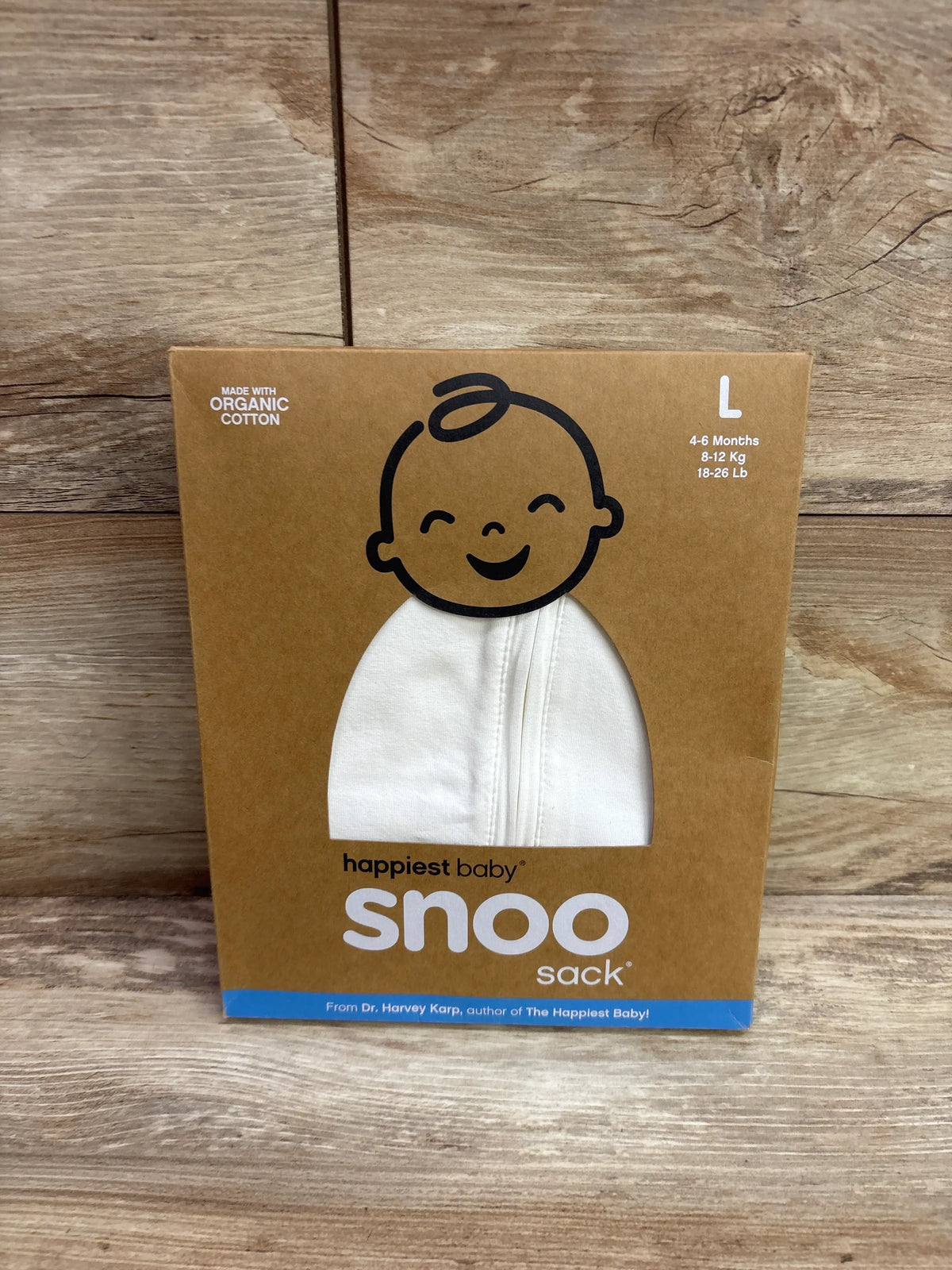 New white Happiest Baby SNOO sleep sack in organic cotton, size 4-6 months, in original box.