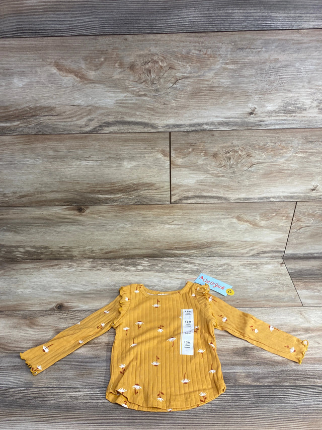 Yellow long sleeve baby shirt with white daisy print and ruffle details, size 12 months