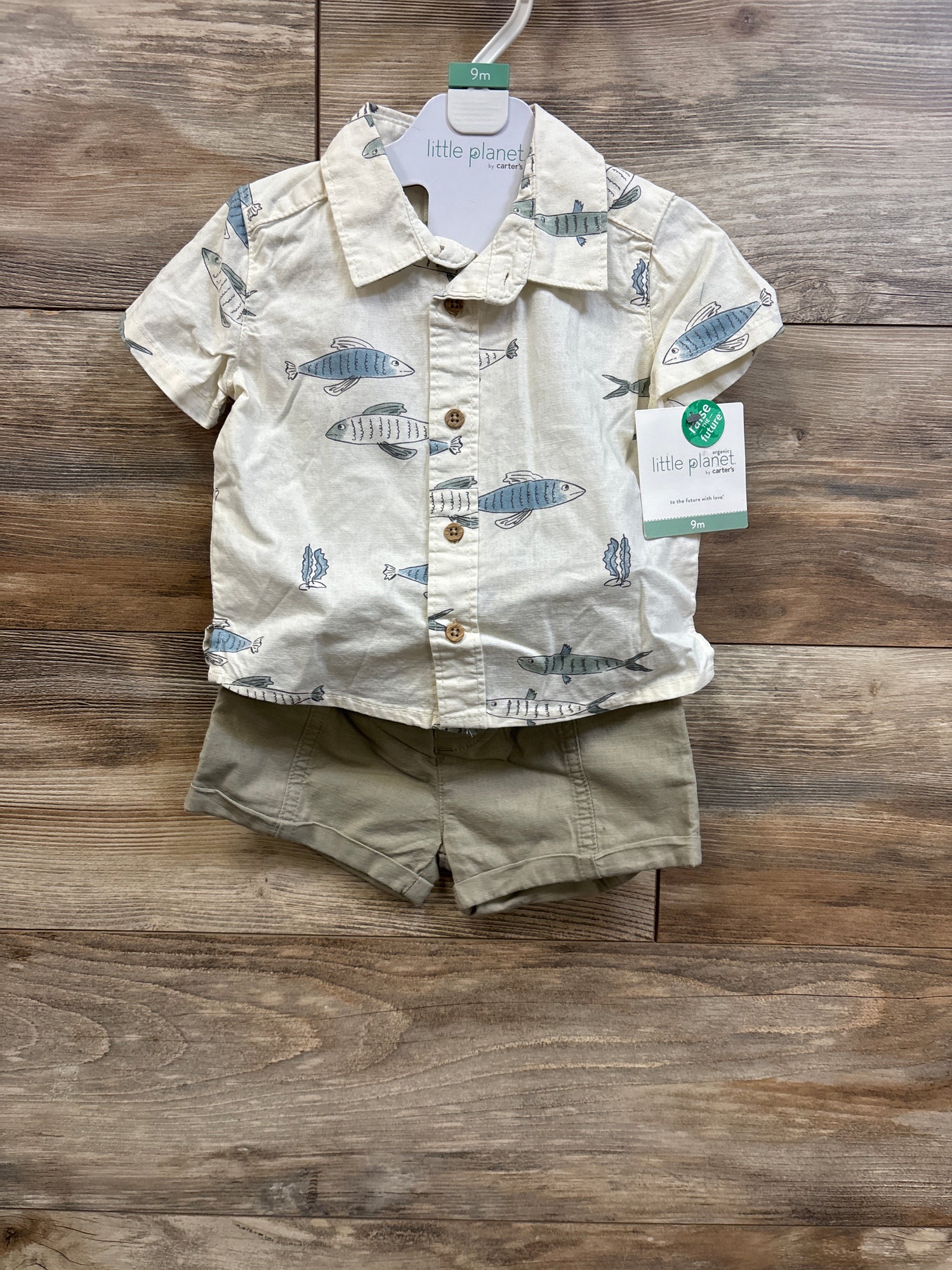 NEW Little Planet 2Pc Organic Fish Print Set Ivory sz 9m