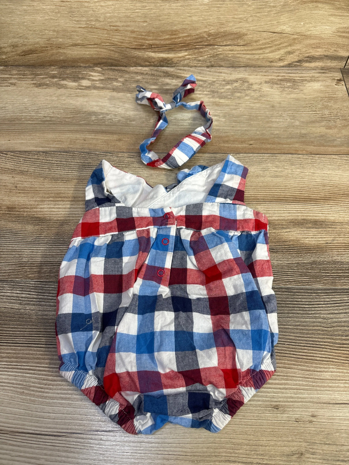 Cat & Jack Plaid Red White & Blue Bubble Romper & Headband Set sz 3-6m