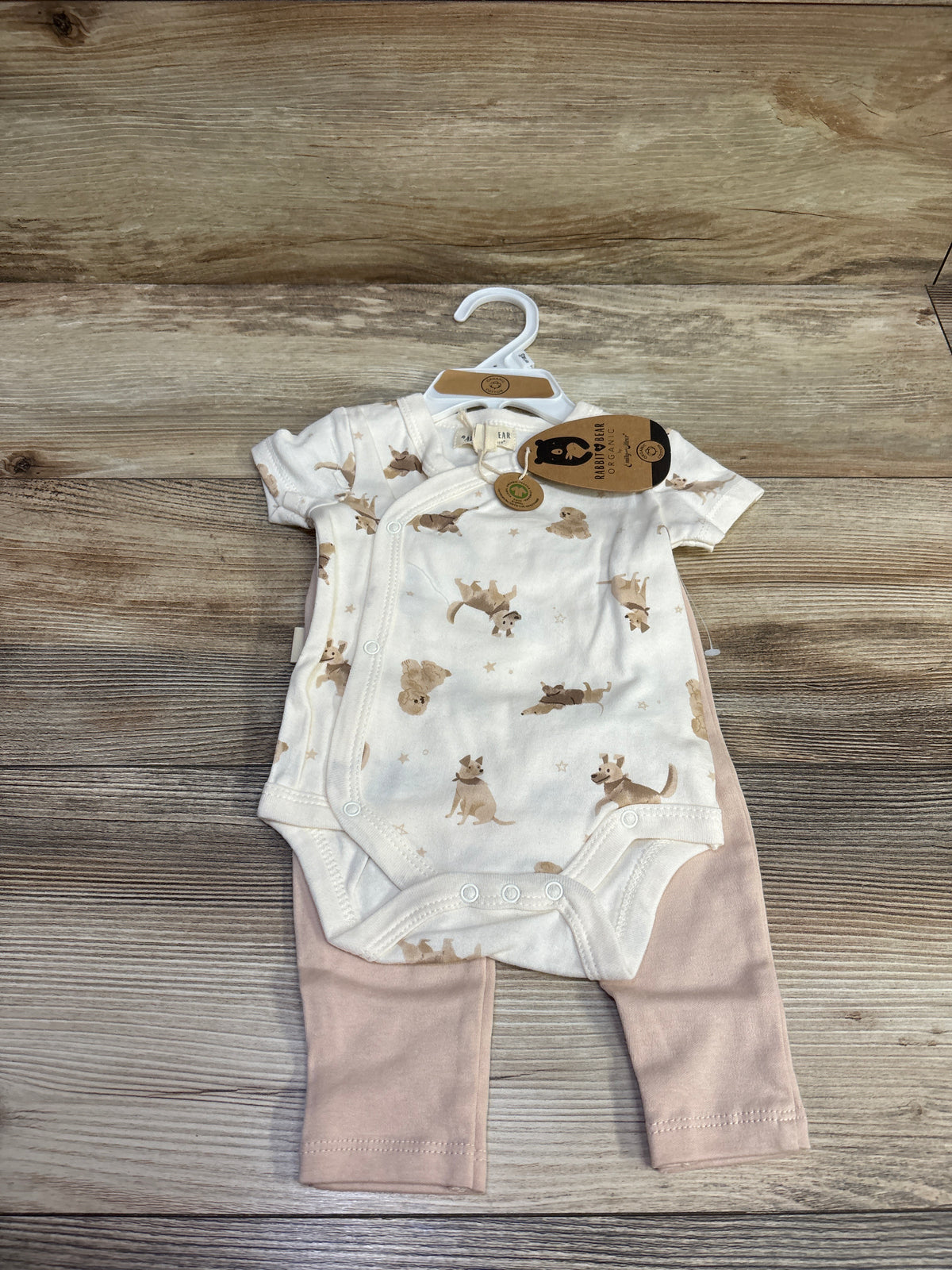 NEW Rabbit + Bear Organic 2pc Dog Print Kimono Bodysuit Set Ivory sz 0/3m