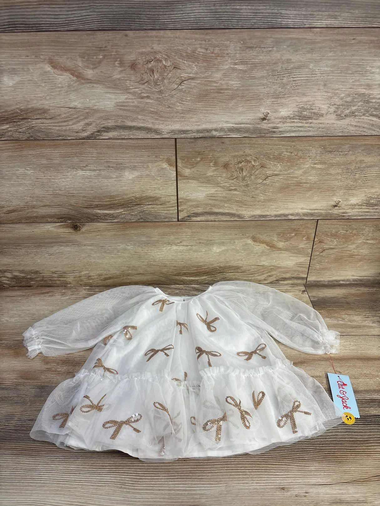 NEW Cat & Jack Long Sleeve Bow Print Tulle Dress White sz 12m