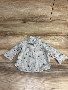 Light gray toddler button-up shirt with black bear and tree pattern, long sleeves, and chest pocket