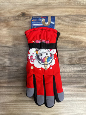 Red kid's winter gloves with unicorn design, sherpa lined and gripper surface, adjustable closure