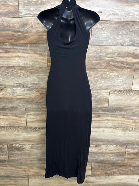 Front view of A Pea in the Pod black maternity tank maxi dress with halter keyhole neckline, fitted cut on wood background