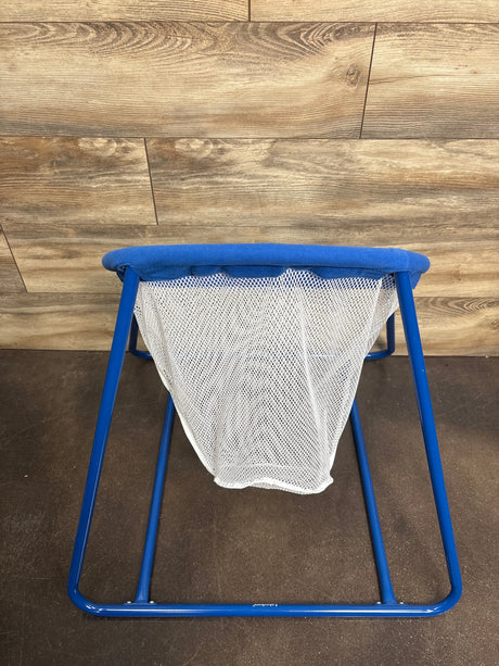Front view of Lakeshore Learning Early Years Ball Toss Set with blue metal frame and white mesh net on wood floor