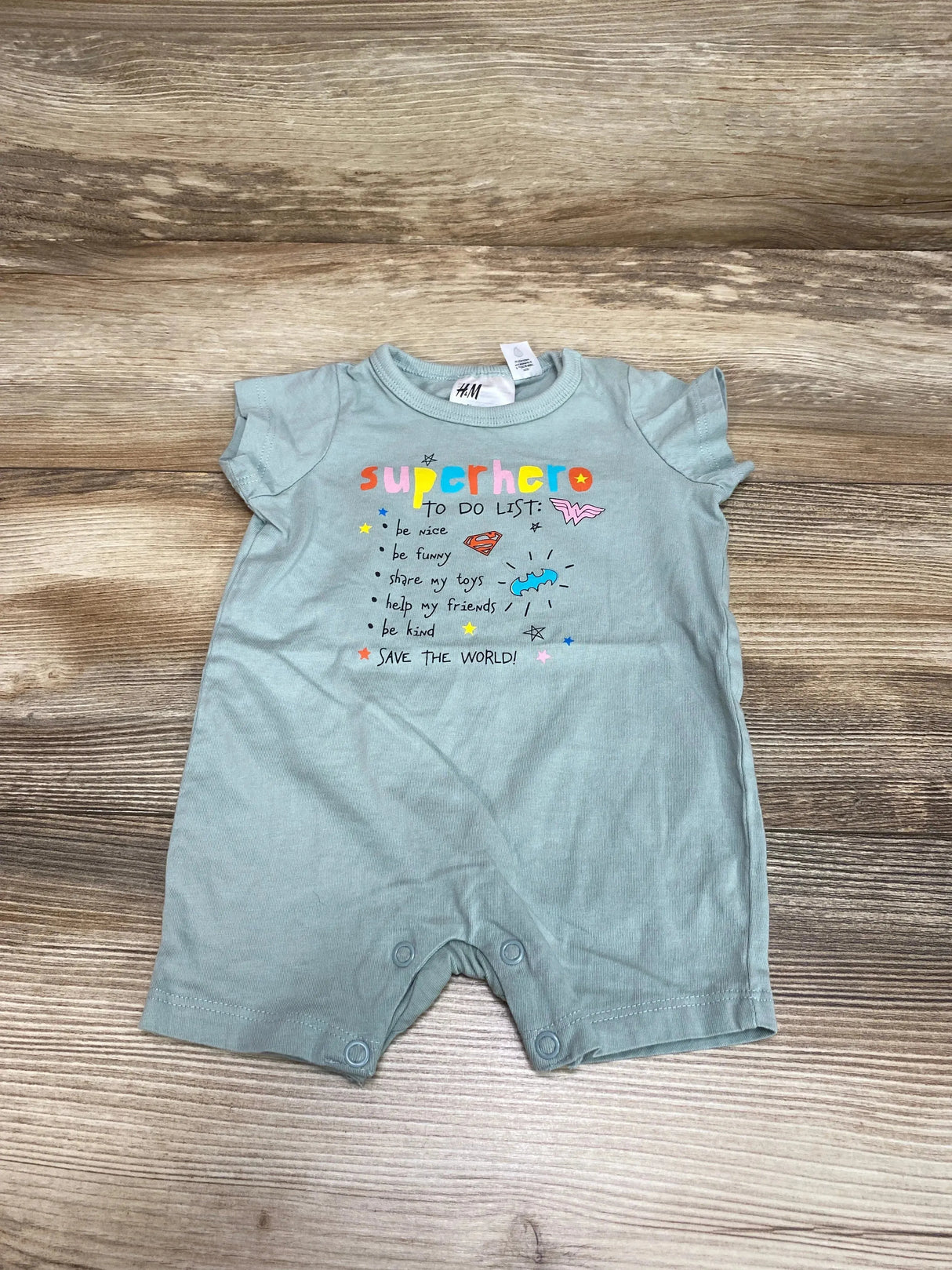 H&M Superhero Shortie Romper Green sz Newborn