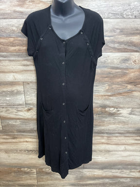 Black button-front maternity dress with short sleeves and side pockets on mannequin