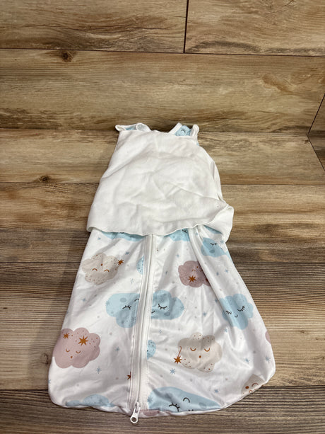 Front view of white BSTOPPT 3-Way Adjustable Sleep Sack Swaddle showcasing front zipper and cloud print on wood