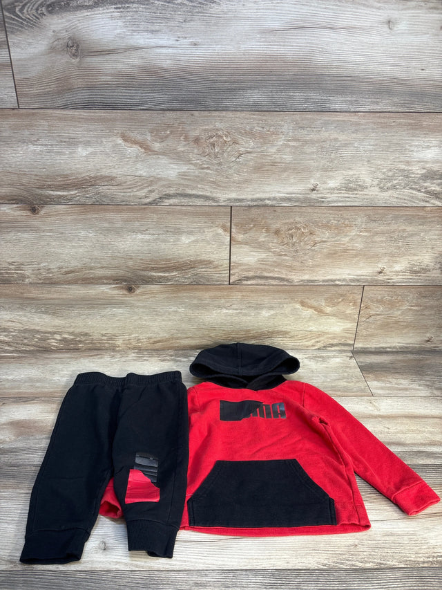 Red and black toddler hoodie and jogger pants set with graphic print, kids clothing flat lay