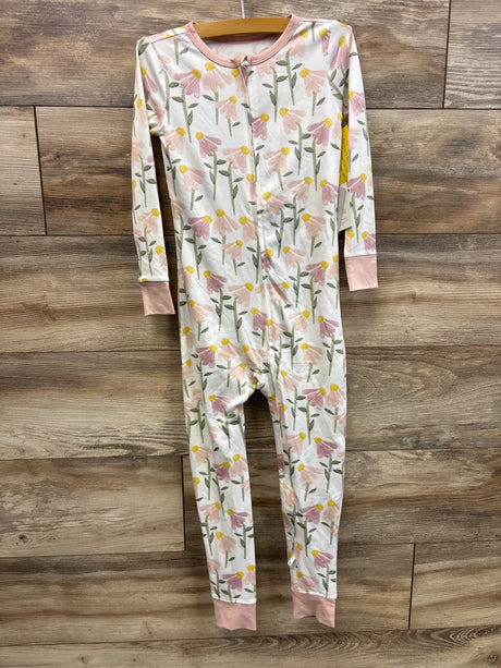Front view of Cloud Island floral sleeper with pink cuffs and full-length zipper hanging on wooden wall