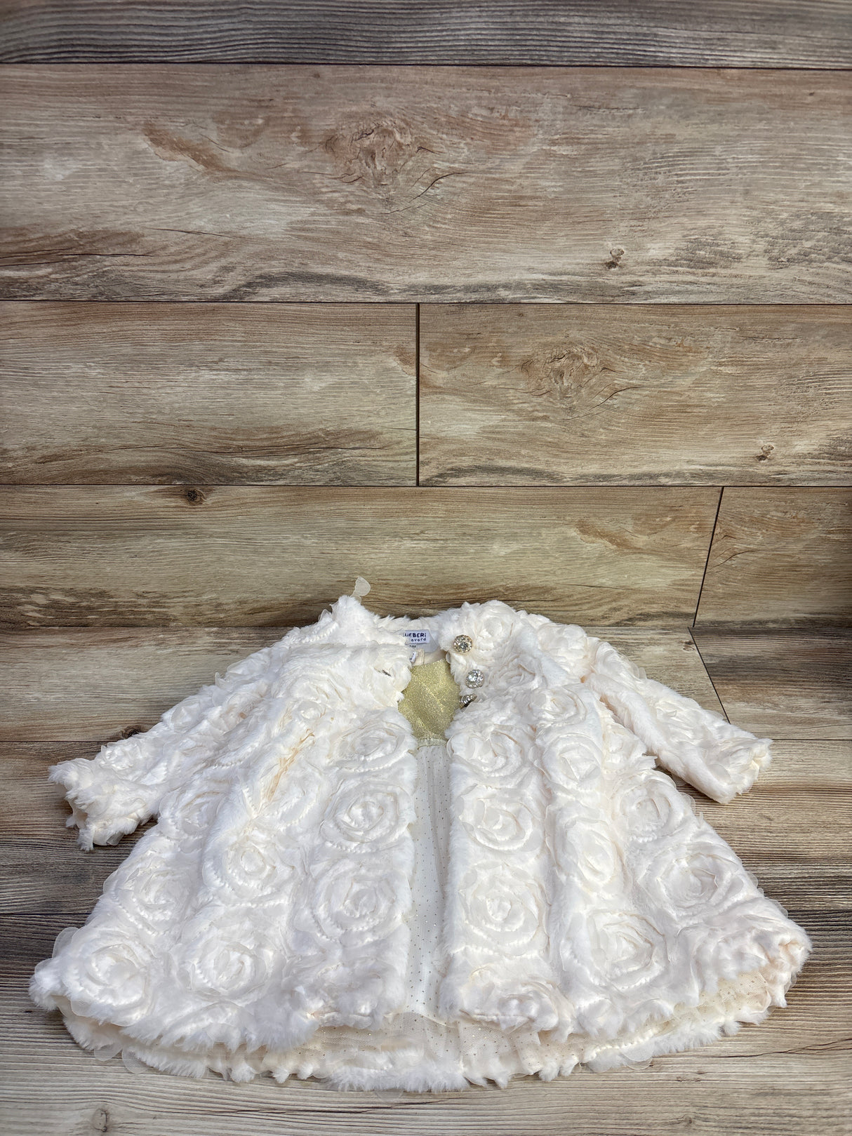 Blueberi Boulevard 2pc Faux Fur Coat & Glitter Sleeveless Dress Set Cream sz 24m