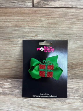 Green bow with red glitter gift box, festive kids hair accessory