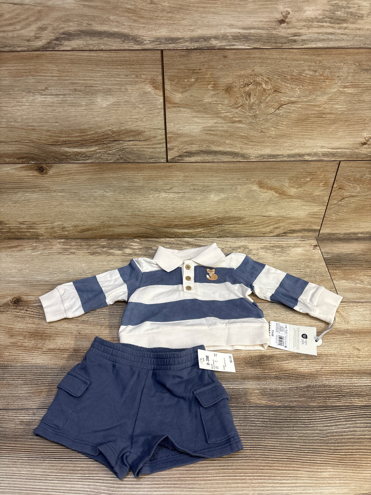 NEW Cloud Island 2pc Fox Striped Polo Shorts Set Blue sz 0-3m