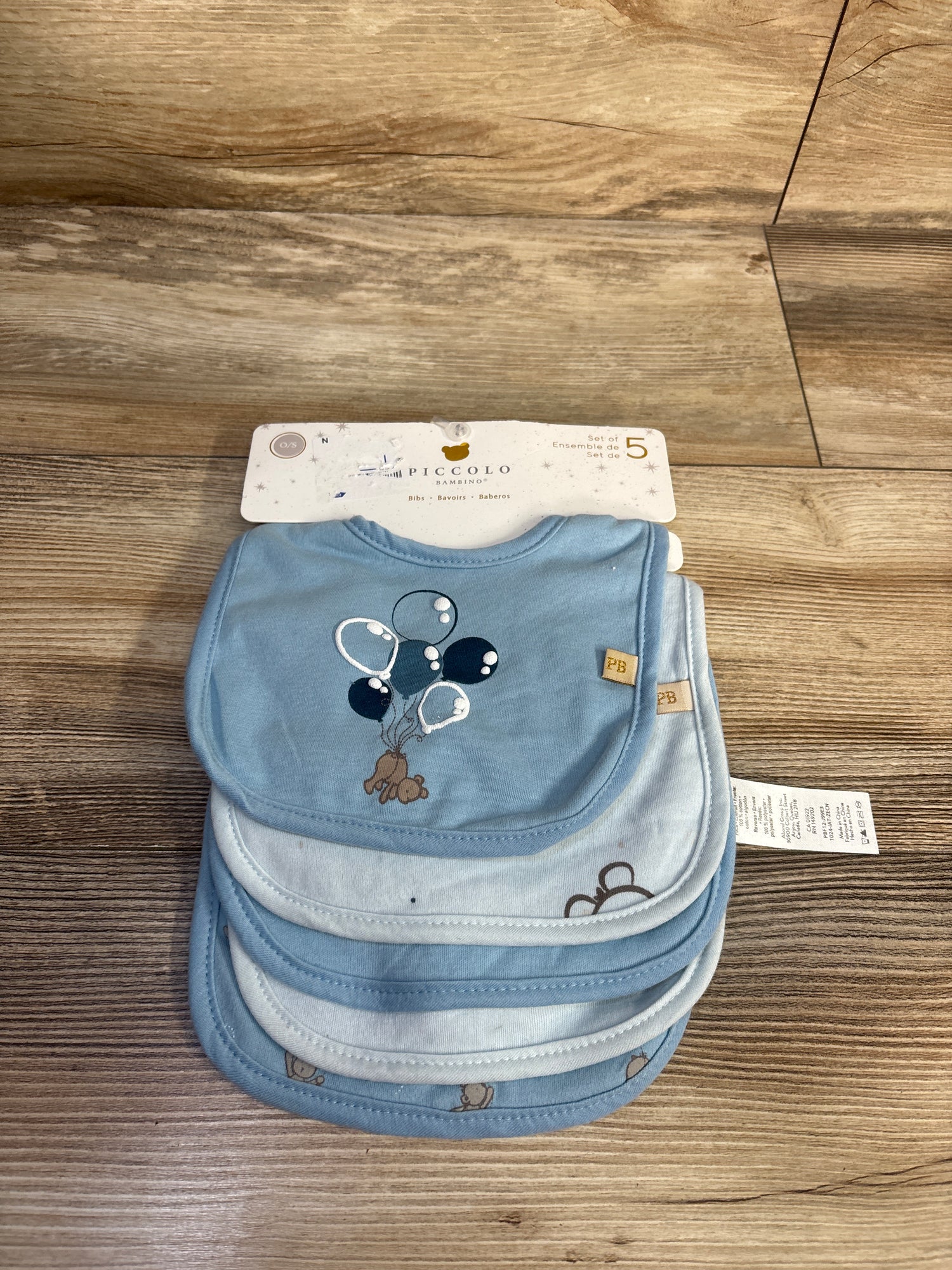 NEW Piccolo Bambino 5pk Bibs Blue 0-12m