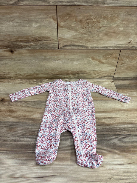 Front view of Just One You white size 3m sleeper showcasing floral print, long sleeves, footed legs, and front zipper
