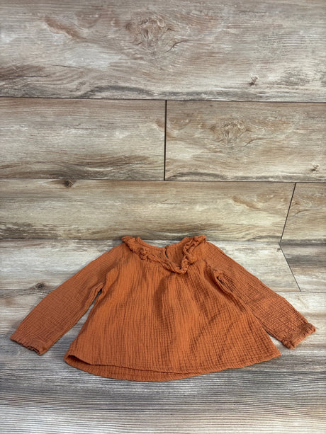 Flat lay of caramel Tahari gauze long-sleeve shirt 4T showing ruffled collar and smocked cuffs on wood background