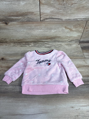 Pink fleece toddler sweatshirt with white polka dots and embroidered Tommy logo