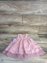 Flat-lay of pink Katie M embroidered tulle baby dress (18M) showcasing scalloped lace hem and embroidered motifs on wood plank background