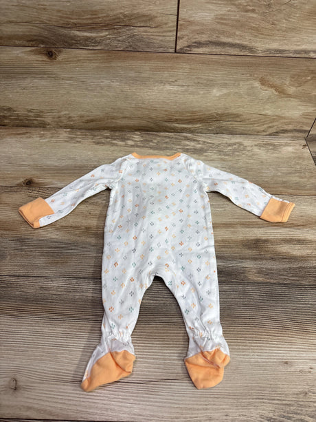 White Cloud Island newborn sleeper with orange trim and a multi-colored patterned print.