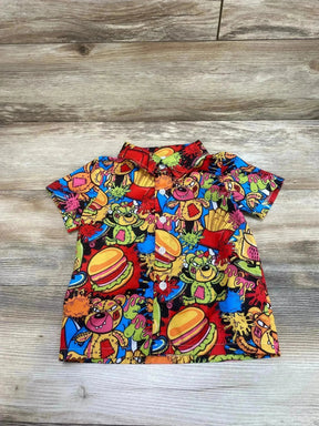 Flat-lay of children's short-sleeve button-up shirt size 4Y showcasing colorful burgers, fries, and cartoon bear print on light wood background