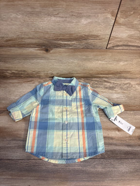 OshKosh B'gosh 12M plaid button-down shirt with bow tie, baby boys' long sleeve top on wood floor