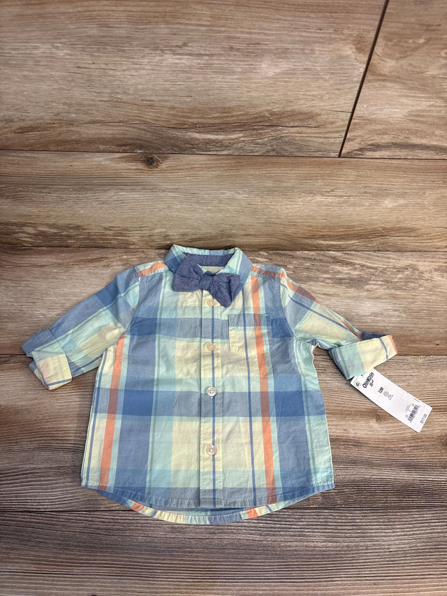 OshKosh B'gosh 12M plaid button-down shirt with bow tie, baby boys' long sleeve top on wood floor