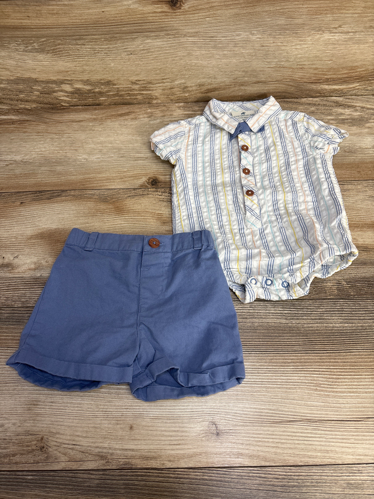 Caribbean Joe 2pc Striped Bodysuit & Shorts Set White sz 6-9m