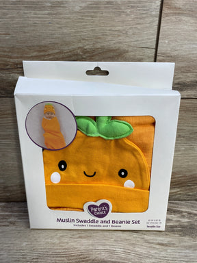 Parents Choice muslin swaddle and beanie set with orange smiling fruit design and green leaves
