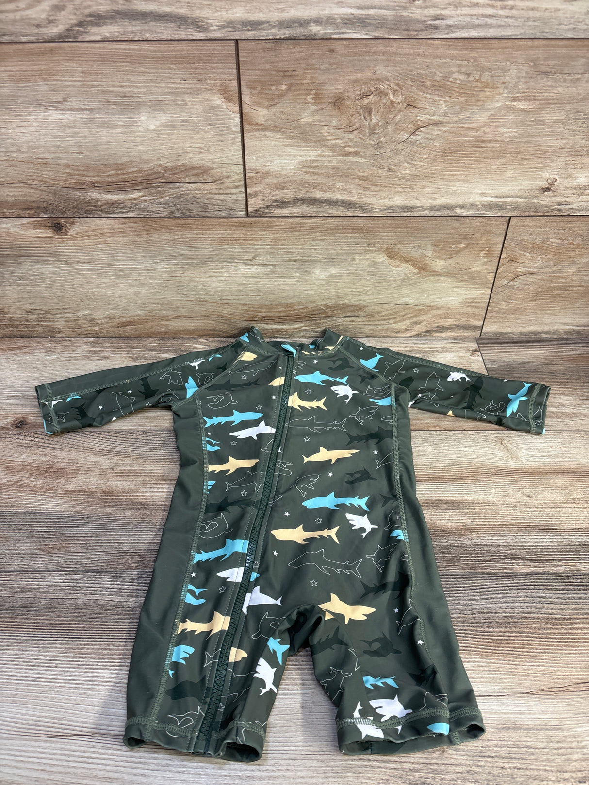 Best For All Shark Print Long Sleeve Zip Rash Guard Romper Green sz 12-18m
