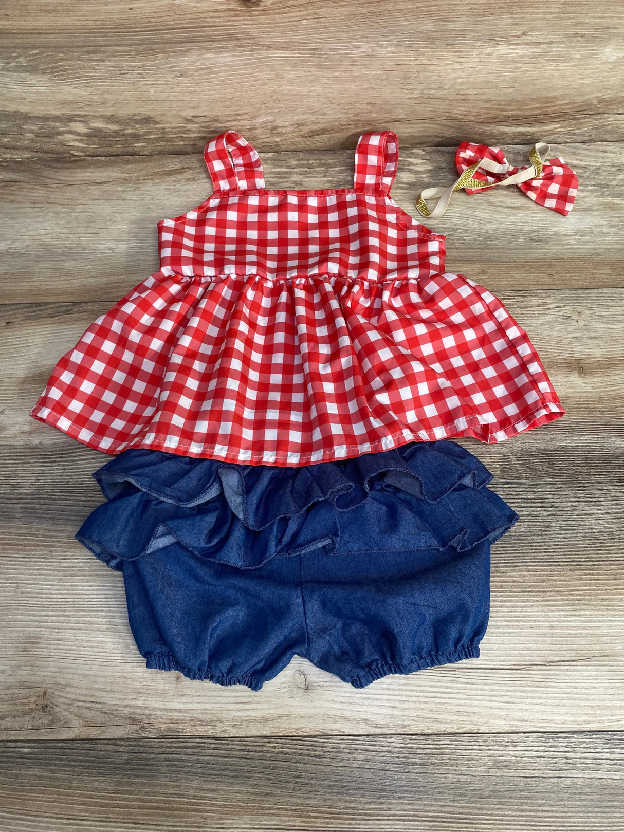 3pc Gingham Top + Shorts + Headband Red sz 18-24m