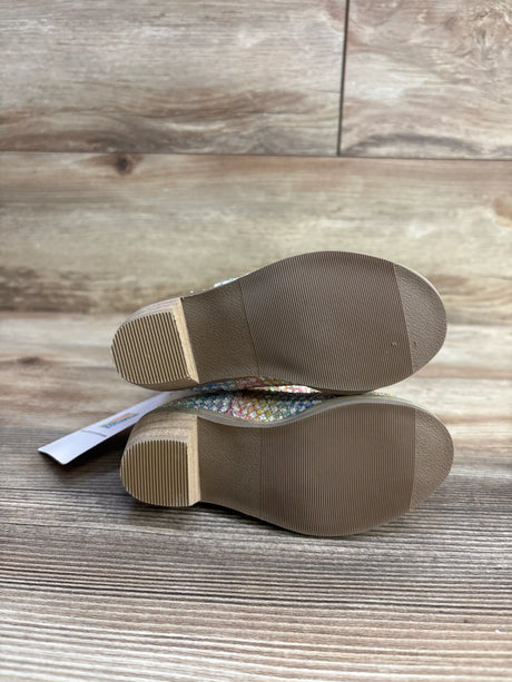 Bottom view of children's colorful glittery shoes on wooden floor, resale kids footwear