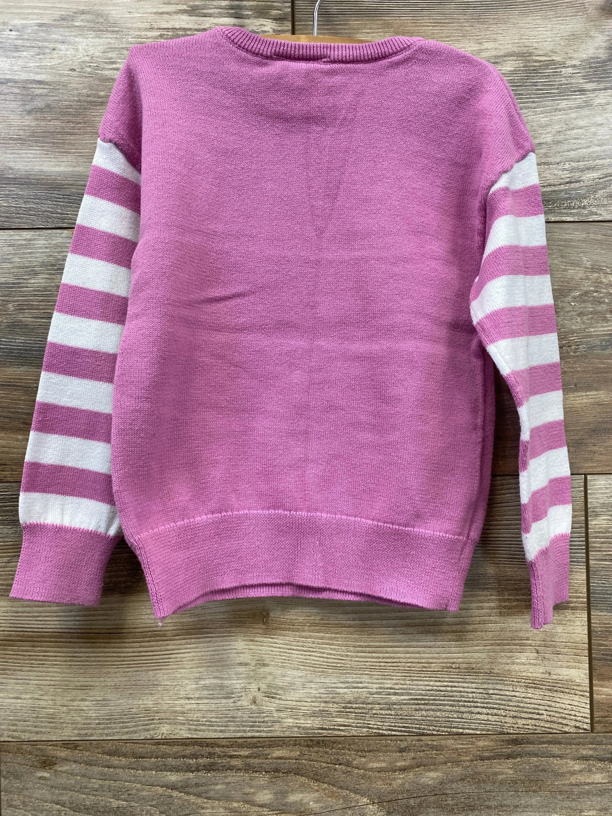 Pink kids sweater with white striped sleeves, cozy knit for children's wear